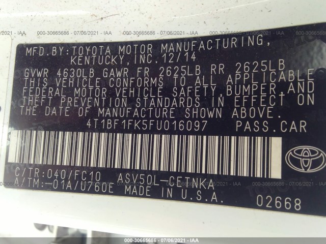 Photo 8 VIN: 4T1BF1FK5FU016097 - TOYOTA CAMRY 