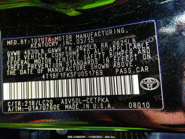 Photo 8 VIN: 4T1BF1FK5FU051769 - TOYOTA CAMRY 