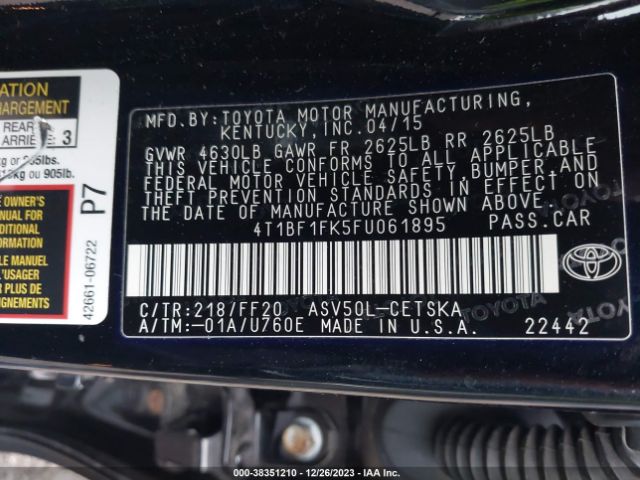 Photo 8 VIN: 4T1BF1FK5FU061895 - TOYOTA CAMRY 