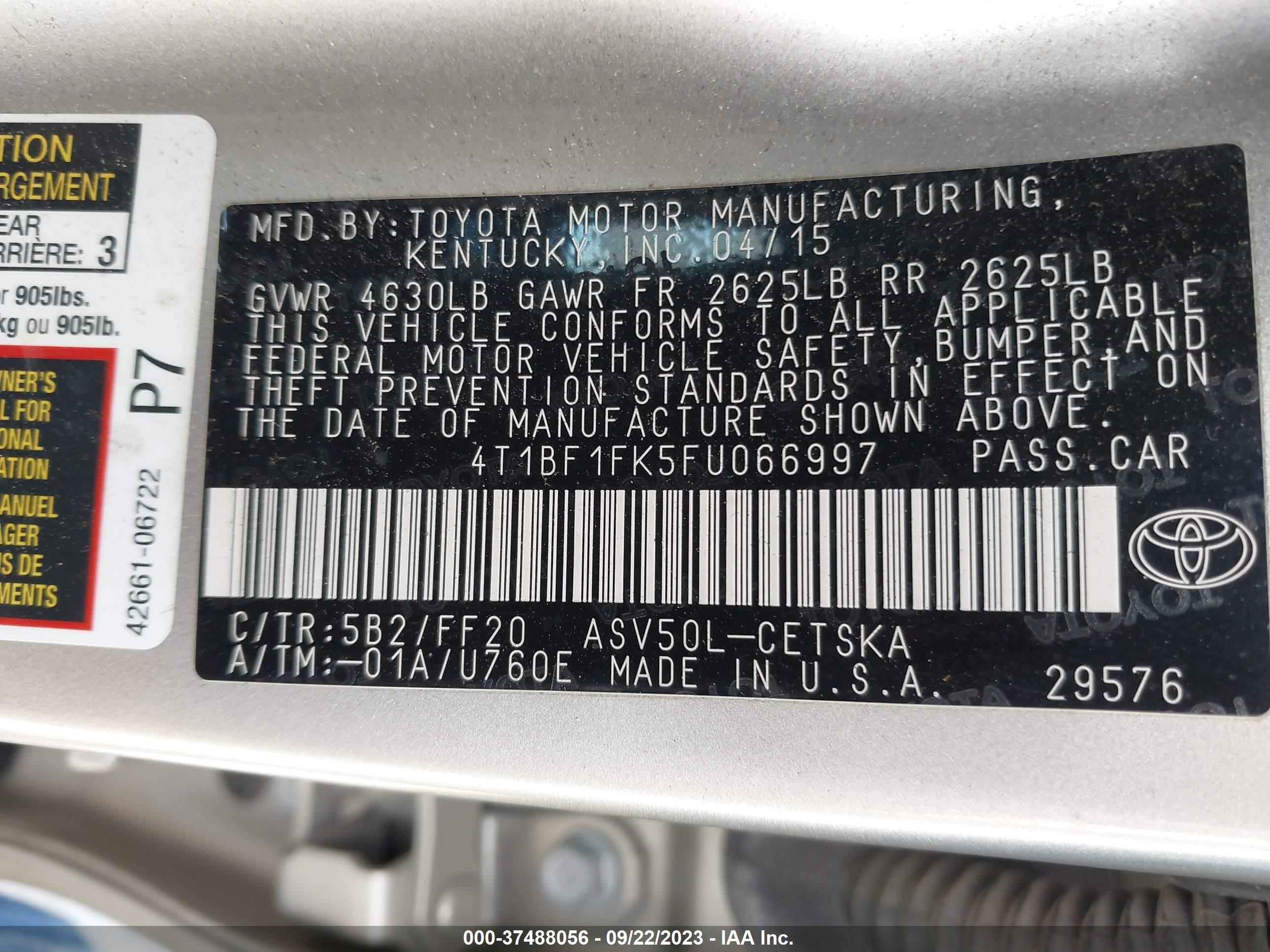 Photo 8 VIN: 4T1BF1FK5FU066997 - TOYOTA CAMRY 