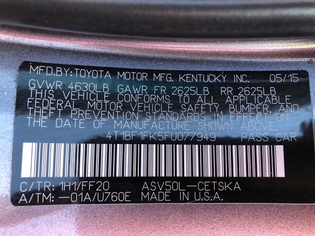 Photo 9 VIN: 4T1BF1FK5FU077949 - TOYOTA CAMRY LE 