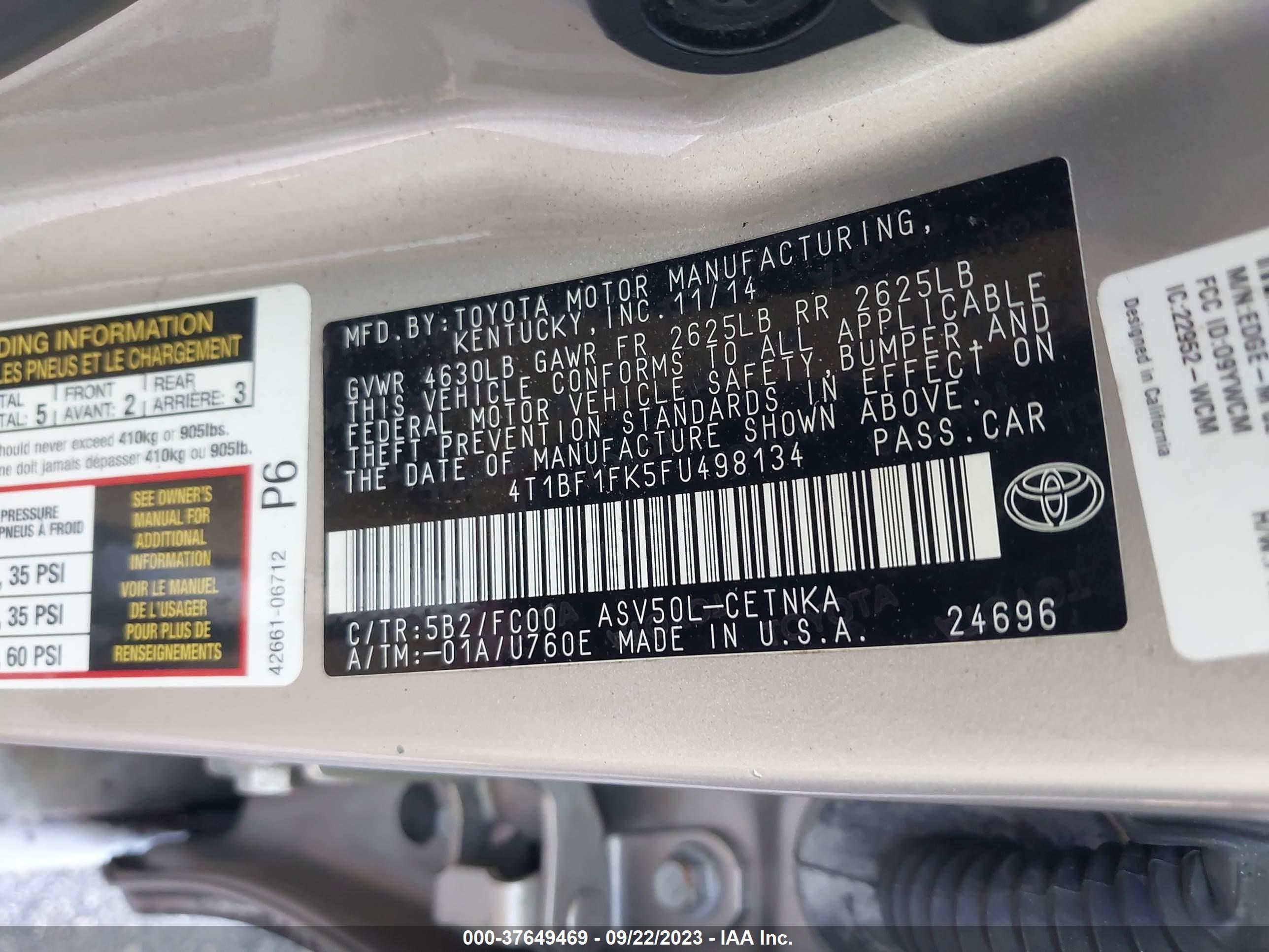 Photo 8 VIN: 4T1BF1FK5FU498134 - TOYOTA CAMRY 