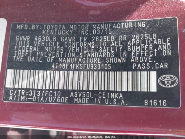 Photo 8 VIN: 4T1BF1FK5FU933105 - TOYOTA CAMRY 