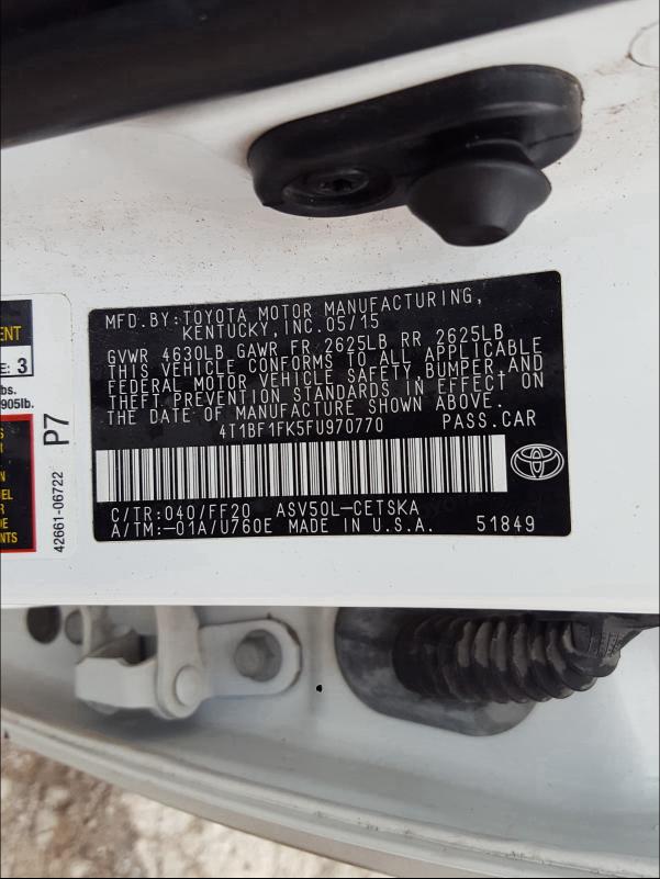 Photo 9 VIN: 4T1BF1FK5FU970770 - TOYOTA CAMRY LE 