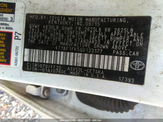 Photo 8 VIN: 4T1BF1FK5GU133177 - TOYOTA CAMRY 