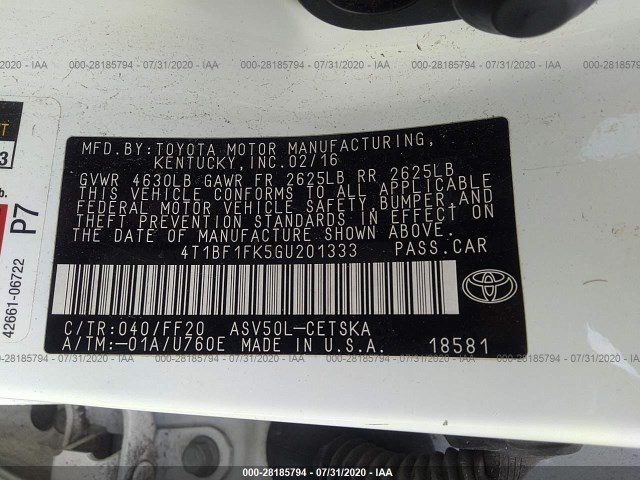 Photo 8 VIN: 4T1BF1FK5GU201333 - TOYOTA CAMRY 