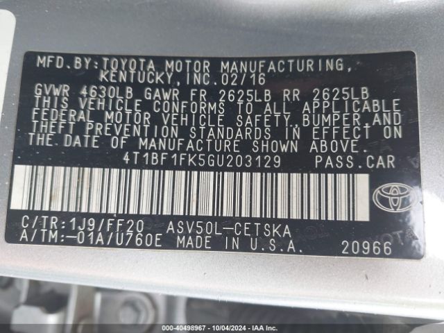 Photo 8 VIN: 4T1BF1FK5GU203129 - TOYOTA CAMRY 