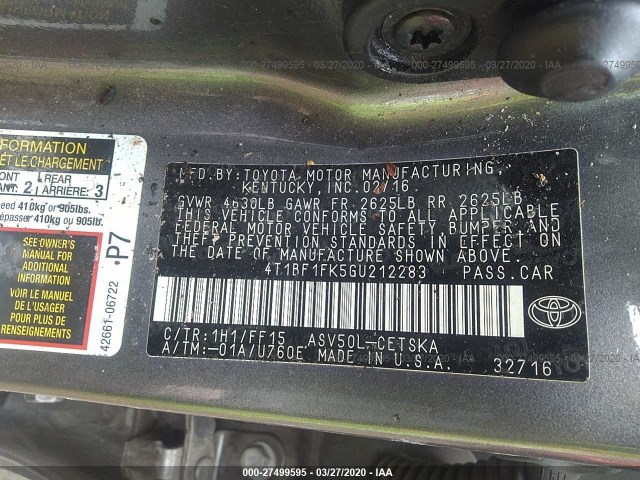 Photo 8 VIN: 4T1BF1FK5GU212283 - TOYOTA CAMRY 