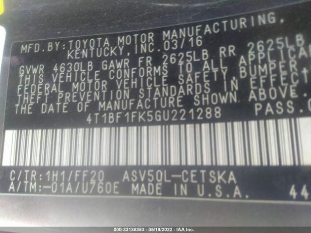 Photo 8 VIN: 4T1BF1FK5GU221288 - TOYOTA CAMRY 