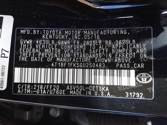 Photo 9 VIN: 4T1BF1FK5GU250483 - TOYOTA CAMRY LE 