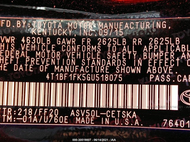 Photo 8 VIN: 4T1BF1FK5GU518075 - TOYOTA CAMRY 