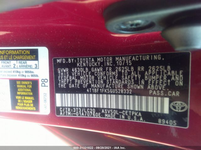 Photo 8 VIN: 4T1BF1FK5GU528332 - TOYOTA CAMRY 