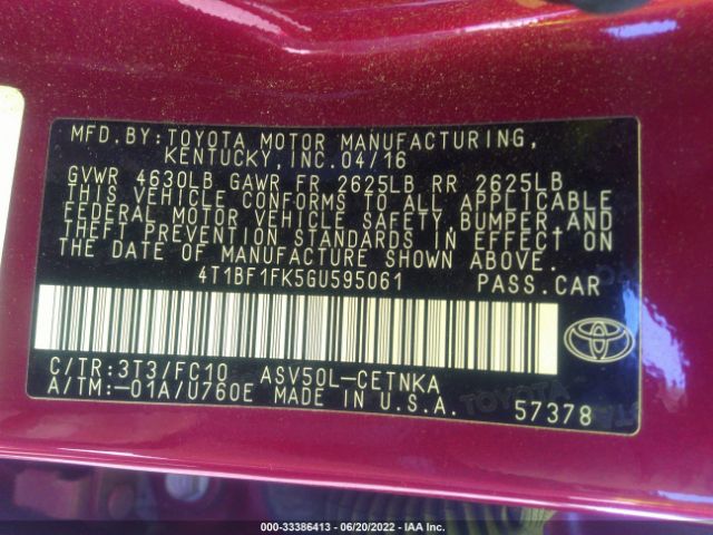 Photo 8 VIN: 4T1BF1FK5GU595061 - TOYOTA CAMRY 