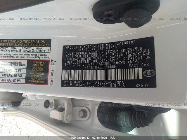 Photo 8 VIN: 4T1BF1FK5GU598994 - TOYOTA CAMRY 