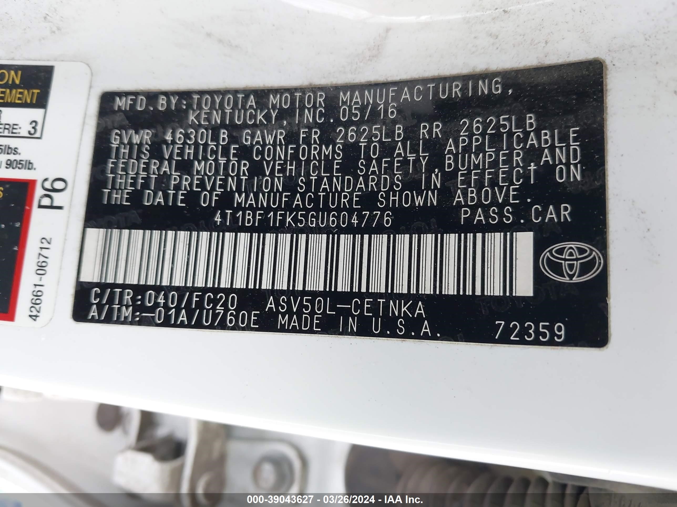 Photo 8 VIN: 4T1BF1FK5GU604776 - TOYOTA CAMRY 