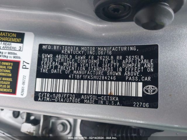 Photo 8 VIN: 4T1BF1FK5HU284246 - TOYOTA CAMRY 