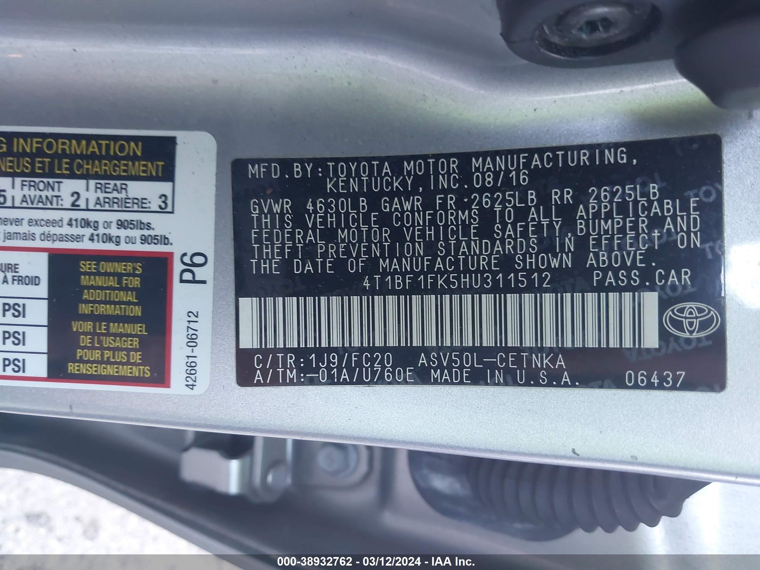 Photo 8 VIN: 4T1BF1FK5HU311512 - TOYOTA CAMRY 