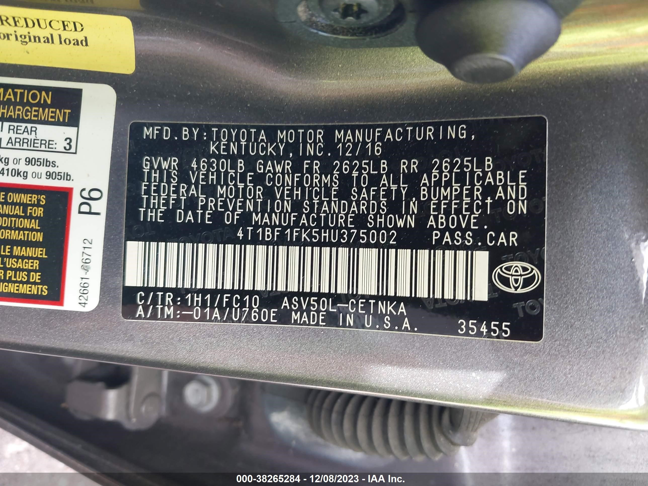 Photo 8 VIN: 4T1BF1FK5HU375002 - TOYOTA CAMRY 