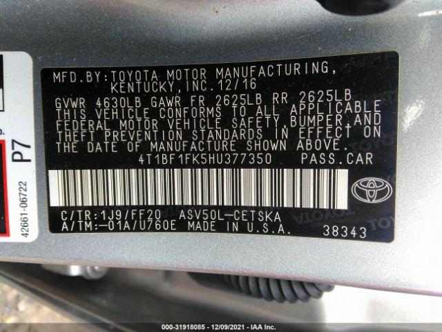 Photo 8 VIN: 4T1BF1FK5HU377350 - TOYOTA CAMRY 