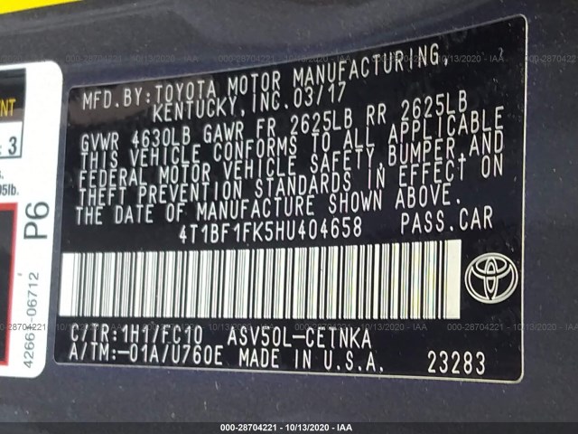 Photo 8 VIN: 4T1BF1FK5HU404658 - TOYOTA CAMRY 