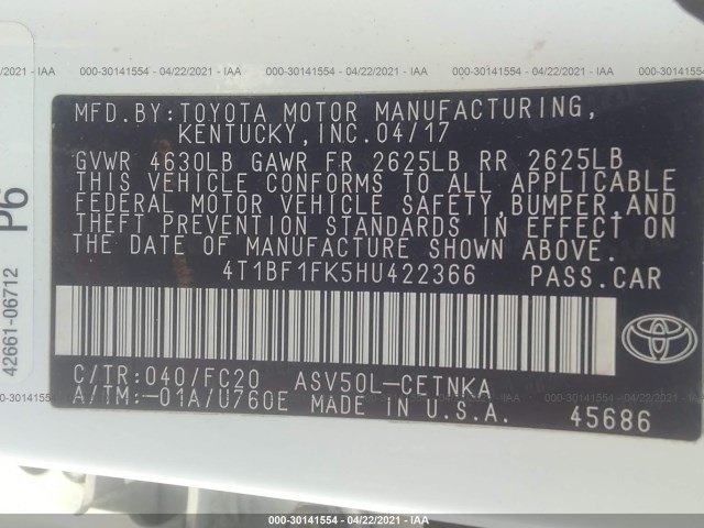 Photo 8 VIN: 4T1BF1FK5HU422366 - TOYOTA CAMRY 