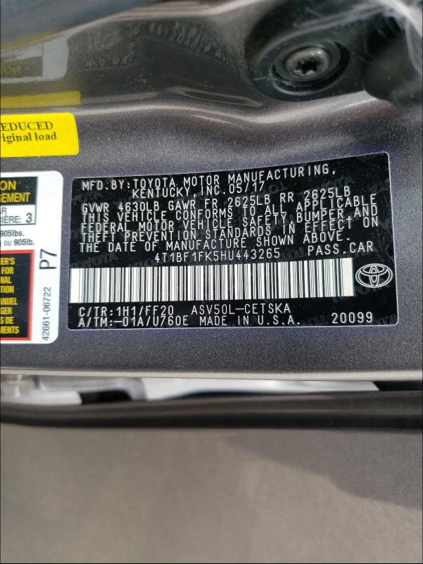 Photo 9 VIN: 4T1BF1FK5HU443265 - TOYOTA CAMRY LE 