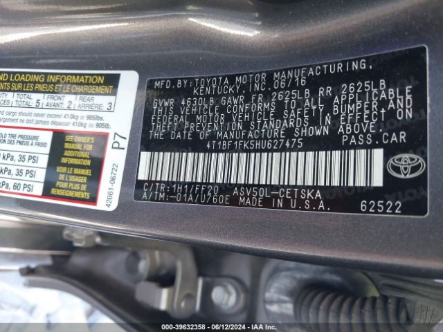 Photo 8 VIN: 4T1BF1FK5HU627475 - TOYOTA CAMRY 