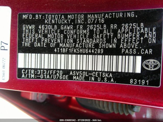 Photo 8 VIN: 4T1BF1FK5HU644289 - TOYOTA CAMRY 