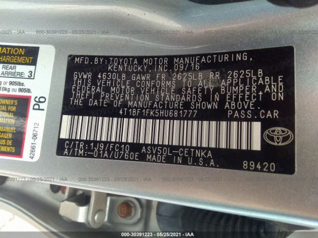 Photo 8 VIN: 4T1BF1FK5HU681777 - TOYOTA CAMRY 