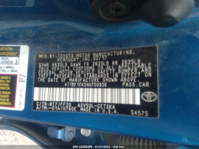 Photo 8 VIN: 4T1BF1FK5HU750936 - TOYOTA CAMRY 