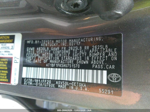 Photo 8 VIN: 4T1BF1FK5HU751570 - TOYOTA CAMRY 