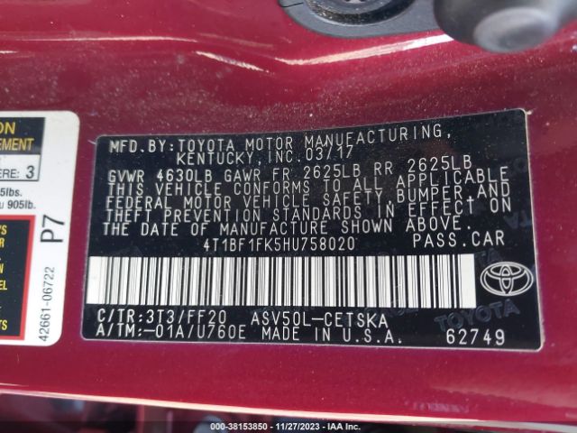 Photo 8 VIN: 4T1BF1FK5HU758020 - TOYOTA CAMRY 