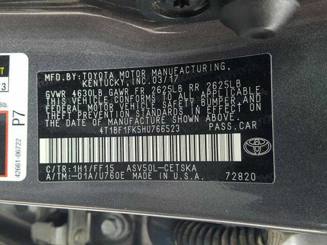 Photo 9 VIN: 4T1BF1FK5HU766523 - TOYOTA CAMRY LE 