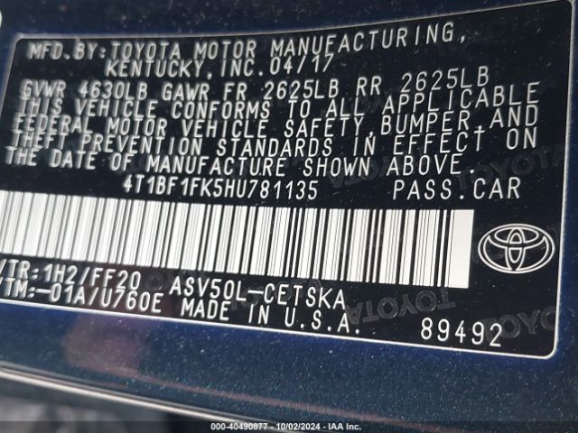 Photo 8 VIN: 4T1BF1FK5HU781135 - TOYOTA CAMRY 