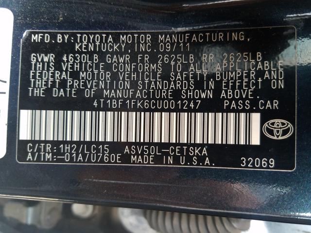 Photo 9 VIN: 4T1BF1FK6CU001247 - TOYOTA CAMRY BASE 