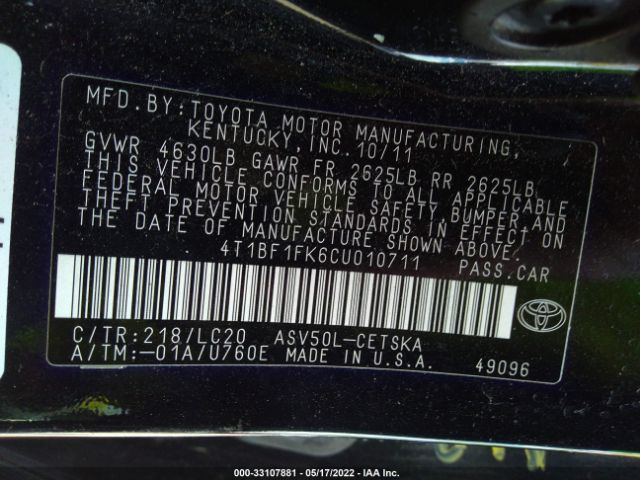 Photo 8 VIN: 4T1BF1FK6CU010711 - TOYOTA CAMRY 