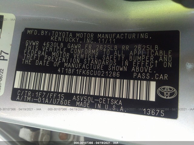 Photo 8 VIN: 4T1BF1FK6CU021286 - TOYOTA CAMRY 