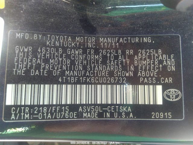 Photo 8 VIN: 4T1BF1FK6CU026732 - TOYOTA CAMRY 