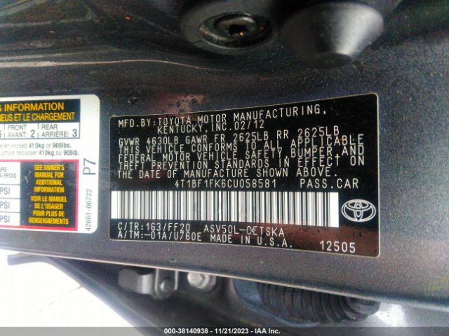 Photo 8 VIN: 4T1BF1FK6CU058581 - TOYOTA CAMRY 