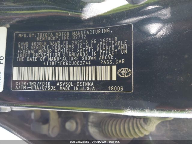 Photo 8 VIN: 4T1BF1FK6CU062744 - TOYOTA CAMRY 