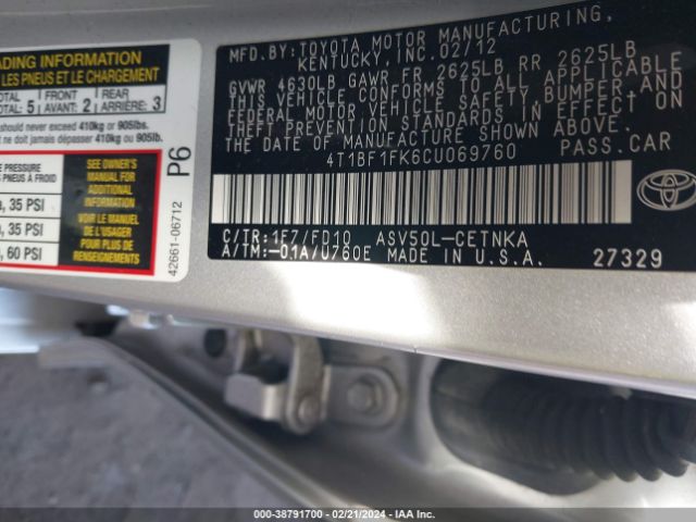 Photo 8 VIN: 4T1BF1FK6CU069760 - TOYOTA CAMRY 