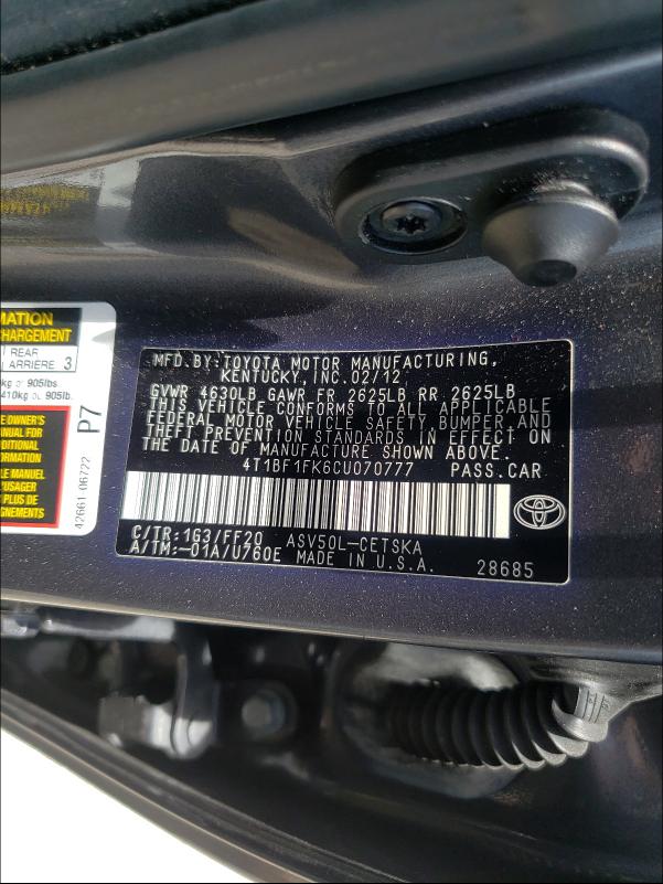 Photo 9 VIN: 4T1BF1FK6CU070777 - TOYOTA CAMRY BASE 