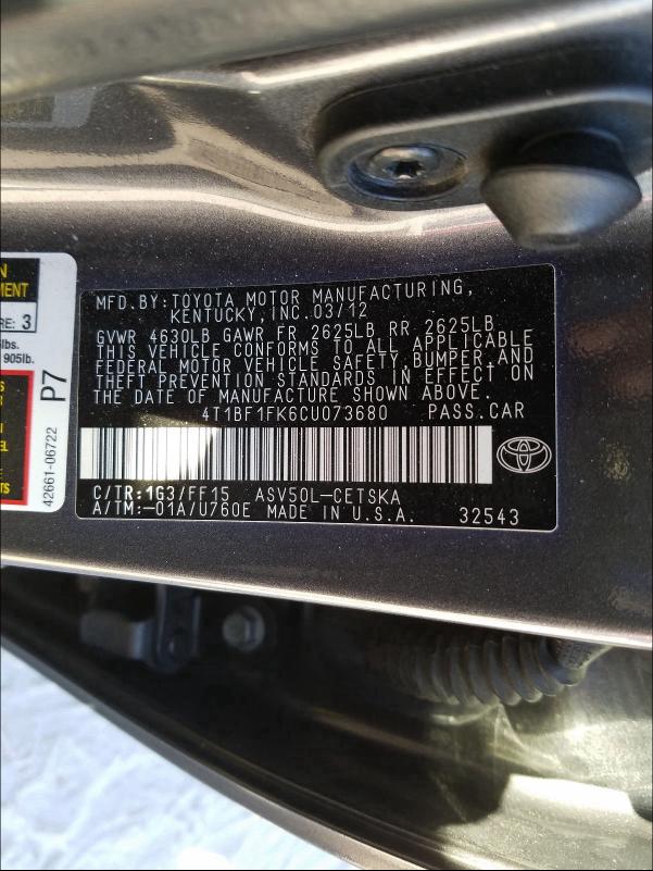 Photo 9 VIN: 4T1BF1FK6CU073680 - TOYOTA CAMRY BASE 