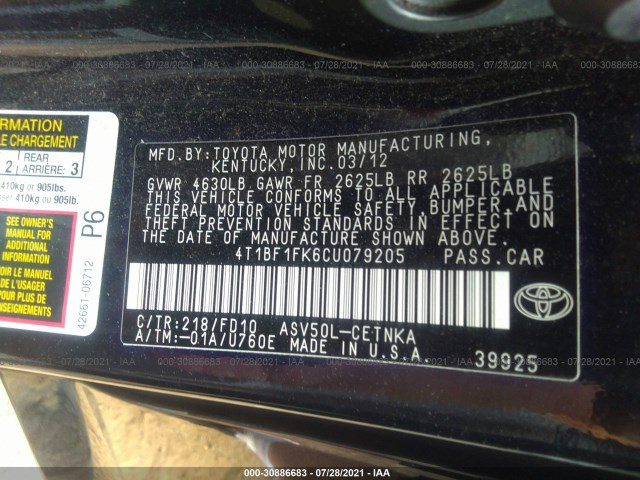 Photo 8 VIN: 4T1BF1FK6CU079205 - TOYOTA CAMRY 