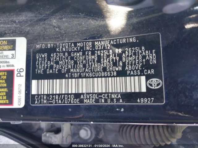 Photo 8 VIN: 4T1BF1FK6CU086638 - TOYOTA CAMRY 