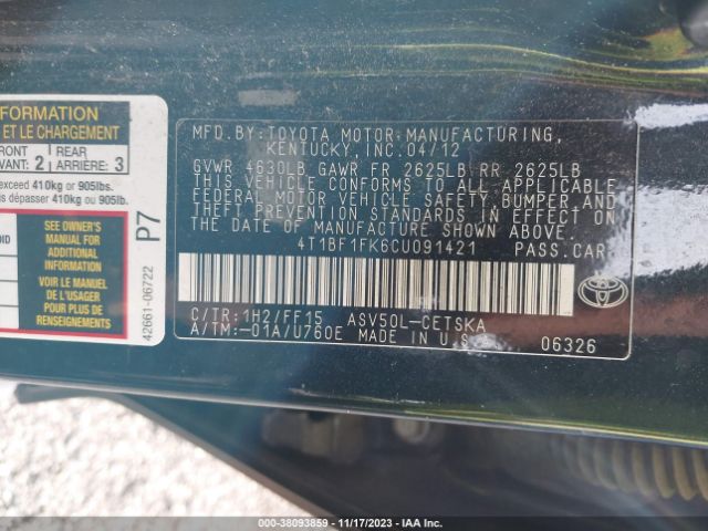 Photo 8 VIN: 4T1BF1FK6CU091421 - TOYOTA CAMRY 