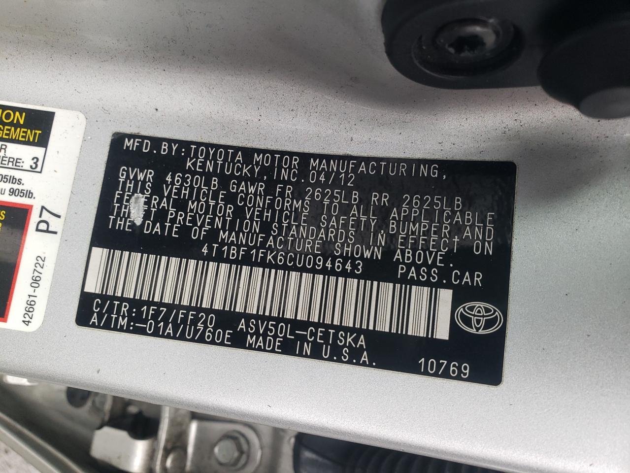 Photo 11 VIN: 4T1BF1FK6CU094643 - TOYOTA CAMRY 