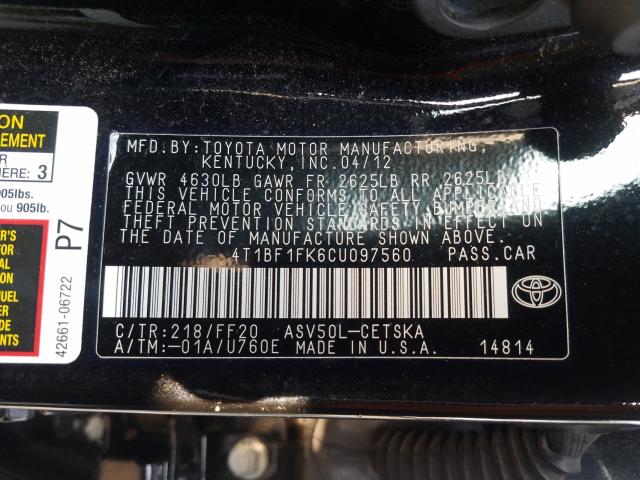 Photo 9 VIN: 4T1BF1FK6CU097560 - TOYOTA CAMRY BASE 