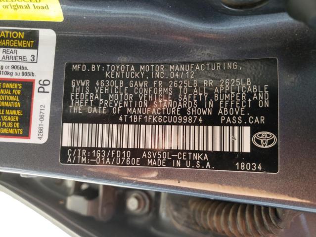 Photo 9 VIN: 4T1BF1FK6CU099874 - TOYOTA CAMRY BASE 