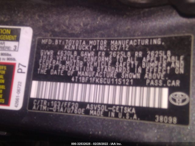 Photo 8 VIN: 4T1BF1FK6CU115121 - TOYOTA CAMRY 